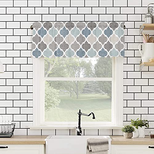 Hostline Curtains for Living Room Retro Blue Moroccan Geometric Pattern Semi Sheer for Windows Rod Pocket Short Window Treatment Décor, Light Filtering, Kitchen Valance 54inx18in - Image 4