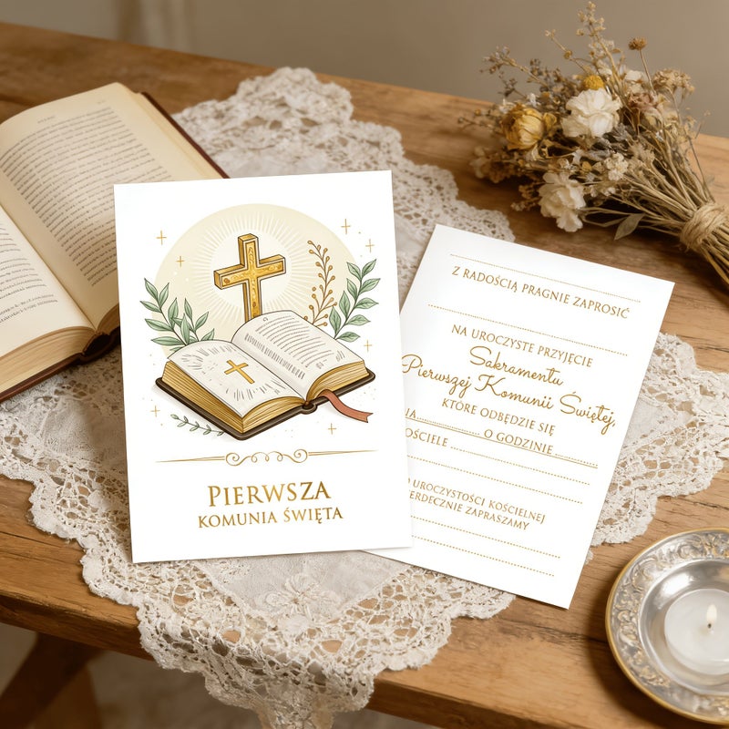 12 Polish First Holy Communion Invitation Cards Cross Bible Design - Image 1