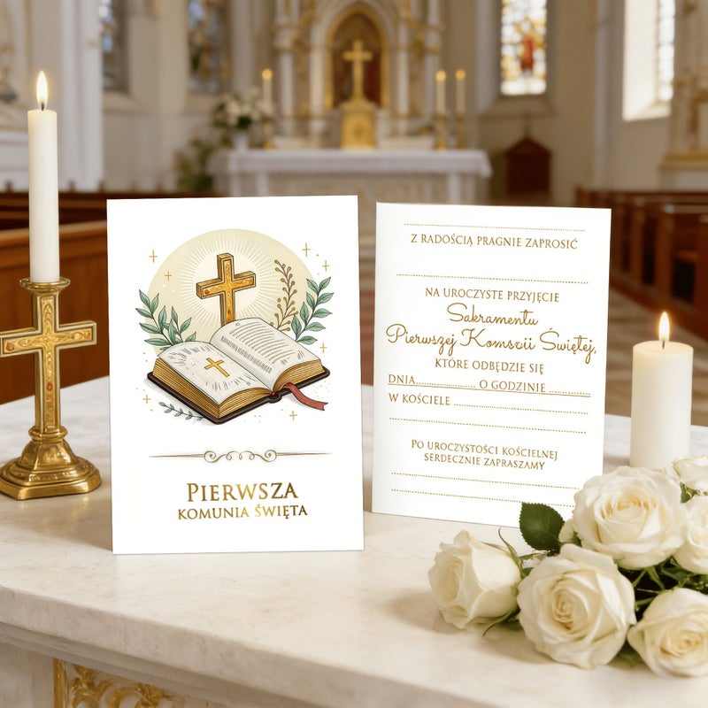 12 Polish First Holy Communion Invitation Cards Cross Bible Design - Image 2