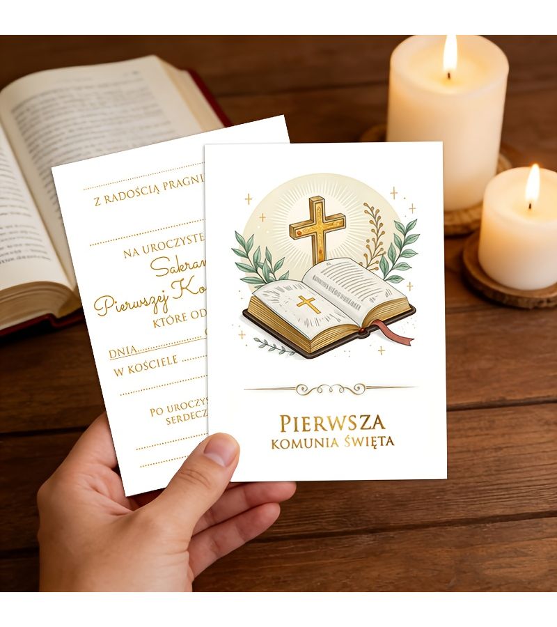 12 Polish First Holy Communion Invitation Cards Cross Bible Design - Image 4