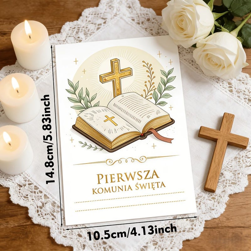 12 Polish First Holy Communion Invitation Cards Cross Bible Design - Image 3