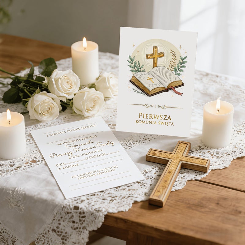 12 Polish First Holy Communion Invitation Cards Cross Bible Design - Image 5