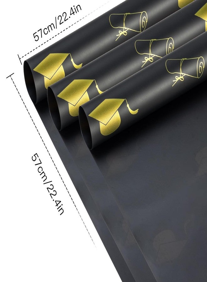 WRAPAHOLIC 20 Sheets Flower Wrapping Paper - 22.4 x 22.4 inch Black Bachelor's Hat Water-Resistant Floral Bouquet Wrapping Paper, Florist Supplies Packaging for Graduation Ceremony Gift DIY - Image 3