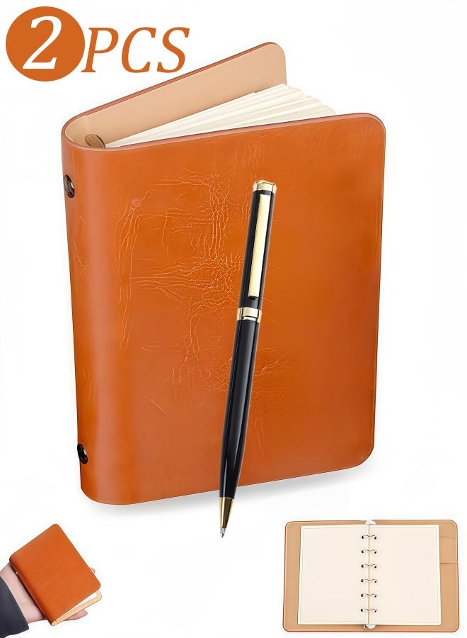 2 Pack Hardcover A7 Binder Notebook Set, Refillable Loose Leaf Pocket Journal with Pen Holder and Matching Black Ballpoint Pen, Portable Blank Mini Notepad for Office School Daily Use,Brown - Image 1