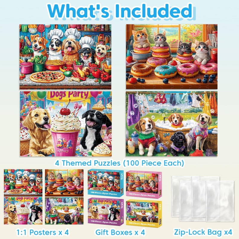 Jeacirio 4-Pack 100 Piece Puzzles for Kids Ages 6-8 8-10 Year Old Large Piece Puzzles for Seniors 100 Pieces Jigsaw Puzzles for Kids Ages 4-6, Learning Educational Toys for Boys and Girls- Dogs Kittens Donuts - Image 2