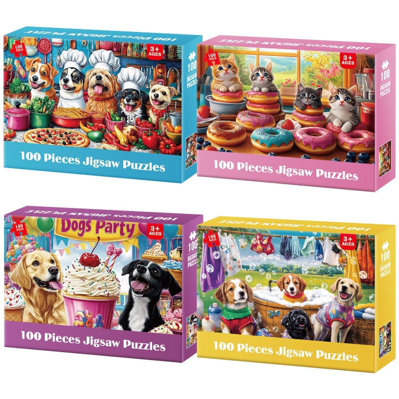 Jeacirio 4-Pack 100 Piece Puzzles for Kids Ages 6-8 8-10 Year Old Large Piece Puzzles for Seniors 100 Pieces Jigsaw Puzzles for Kids Ages 4-6, Learning Educational Toys for Boys and Girls- Dogs Kittens Donuts - Image 1