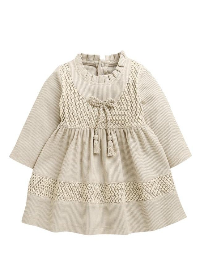 BUMZEE فستان بناتي من القطن بأكمام طويلة يصل إلى الركبة، بقصة ضيقة من الأعلى وواسعة من الأسفل، لون بيج - من 12 إلى 18 شهرًا (Peb10777E-bge) - Image 1