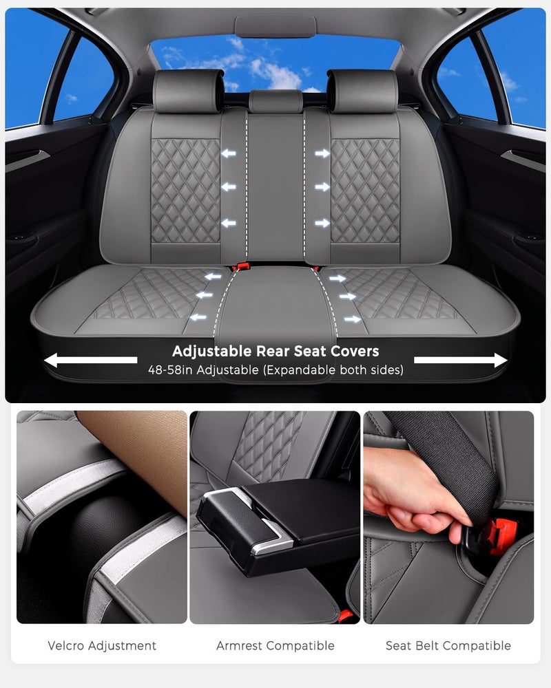 Huidasource Gray Back Seat Cover, Rear Split Bench Leather Rear Seat Cover, Adjustable Back Seat Car Cover with Non-Slip, Universal Fit for Most Cars Sedan SUV Pickup Truck (Back Row/Gray) - Image 4