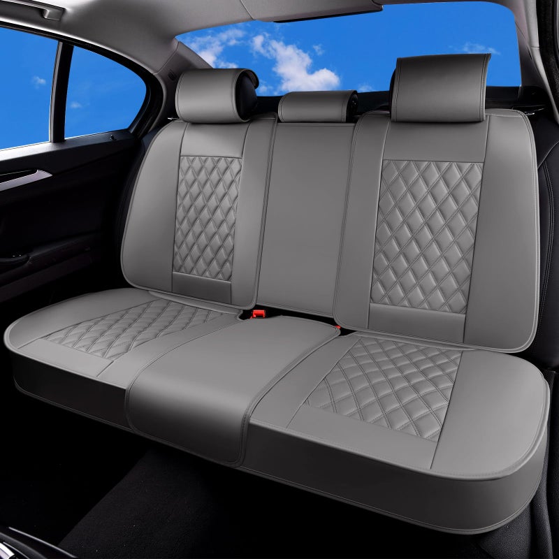 Huidasource Gray Back Seat Cover, Rear Split Bench Leather Rear Seat Cover, Adjustable Back Seat Car Cover with Non-Slip, Universal Fit for Most Cars Sedan SUV Pickup Truck (Back Row/Gray) - Image 1