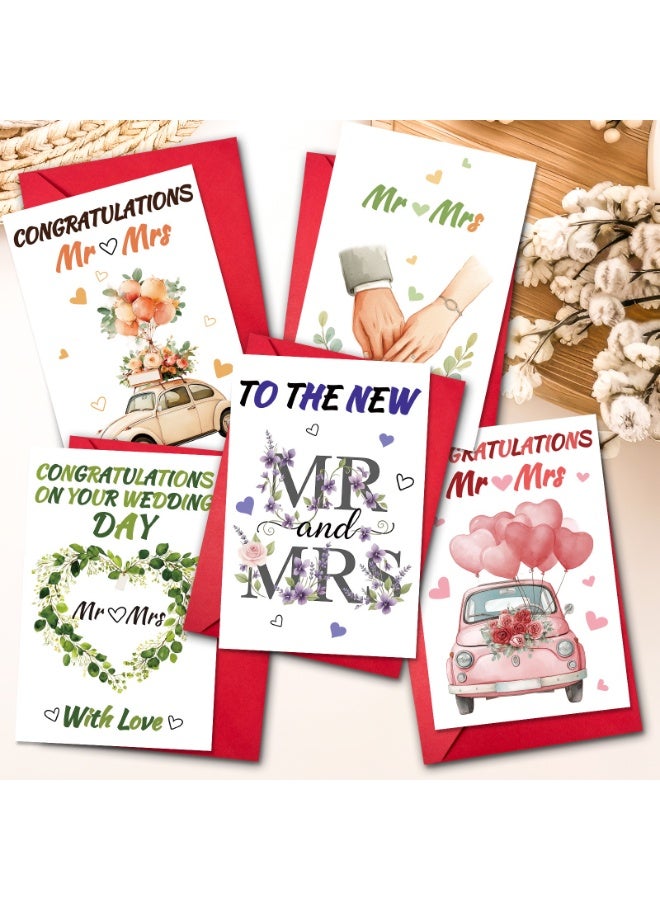 مجموعة من 5 بطاقات تهنئة بالزفاف - تصاميم مختلفة مع مظاريف حمراء للتهنئة وأطيب التمنيات - Image 1