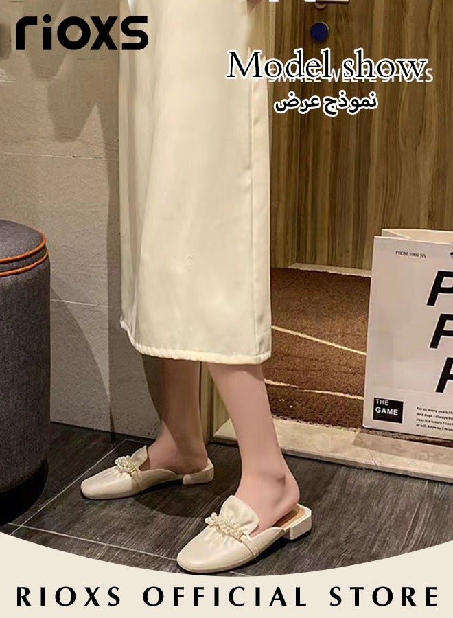 RIOXS Women's Pearl Decor Low Heel Mules, Square Closed Toe Slip on Sandals, Elegant Comfortable Dressy Slides for Laies, Lightweight Non-slip Backless Pearl Mule Shoes, Suitable for Party Prom Date Wedding, Beige - Image 3