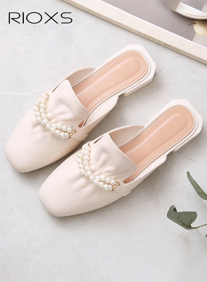 RIOXS Women's Pearl Decor Low Heel Mules, Square Closed Toe Slip on Sandals, Elegant Comfortable Dressy Slides for Laies, Lightweight Non-slip Backless Pearl Mule Shoes, Suitable for Party Prom Date Wedding, Beige - Image 2