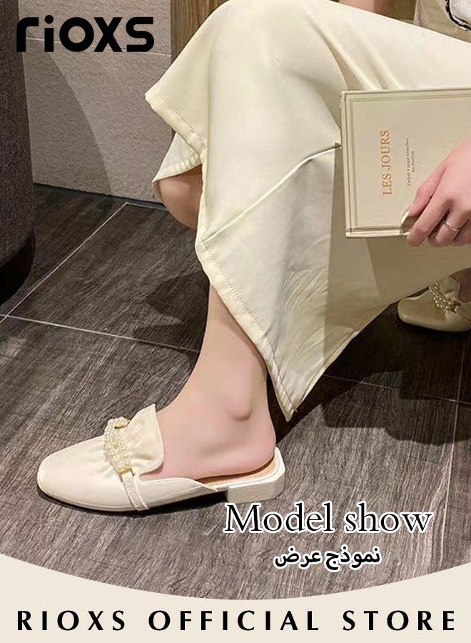 RIOXS Women's Pearl Decor Low Heel Mules, Square Closed Toe Slip on Sandals, Elegant Comfortable Dressy Slides for Laies, Lightweight Non-slip Backless Pearl Mule Shoes, Suitable for Party Prom Date Wedding, Beige - Image 4