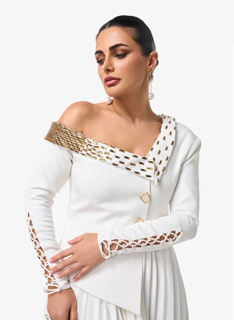 Threadz by Ajooni  Embellished One Shoulder Pleated Maxi Dress for Women | Best Price UAE