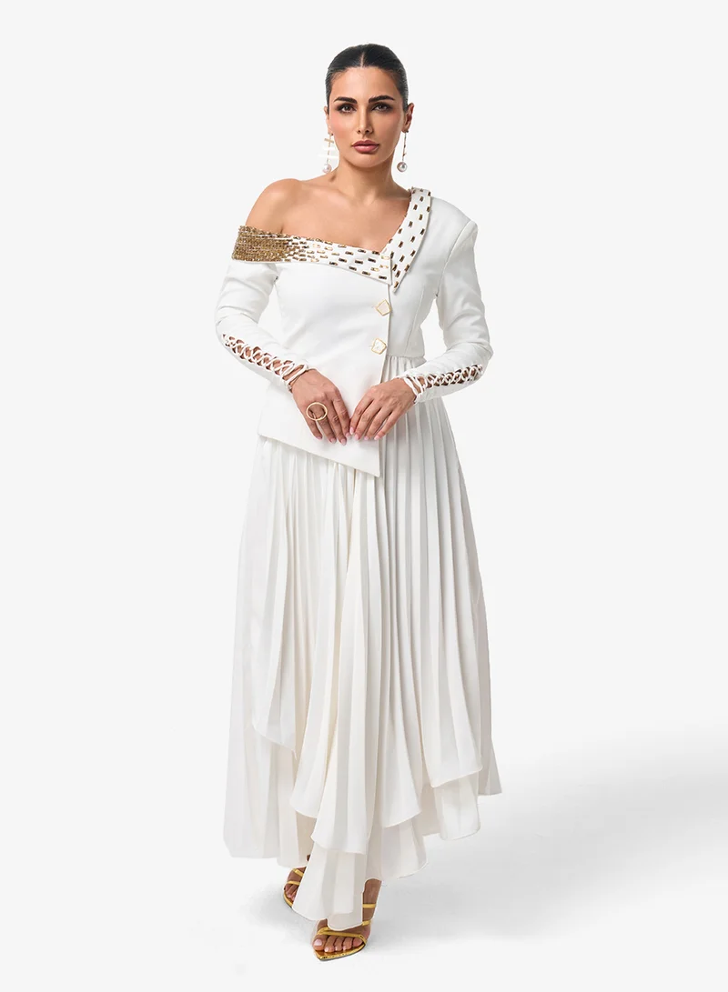 Threadz by Ajooni  Embellished One Shoulder Pleated Maxi Dress for Women | Best Price UAE