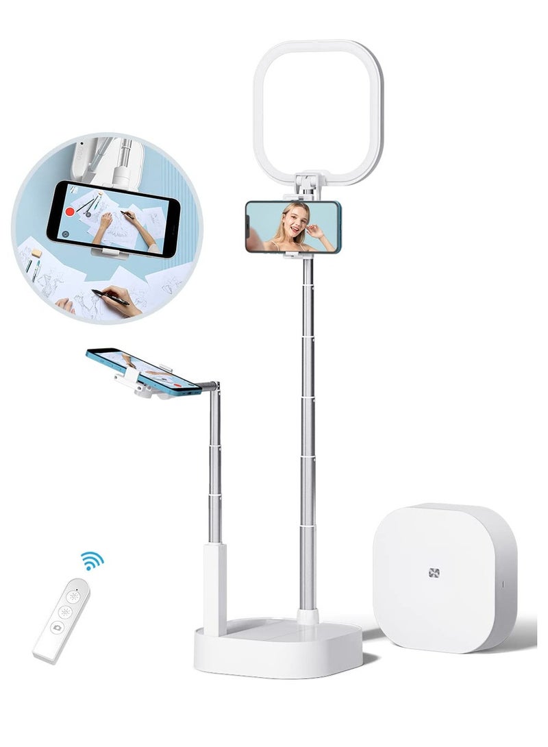 حامل هاتف للتصوير، مجموعة منشئي المحتوى، حامل سيلفي بتدوير 360 مع ضوء LED، حامل هاتف علوي للبث المباشر/يوتيوب/تيك توك/تسجيل الفيديو/مجموعة انستغرام للمبتدئين، أبيض - Image 1