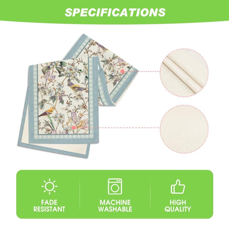 Artoid Mode Blue Birds Flowers Blossom Table Runner, Seasonal Spring Floral Kitchen Dining Table Decoration for Home Party Decor 13x72 Inch - Image 5