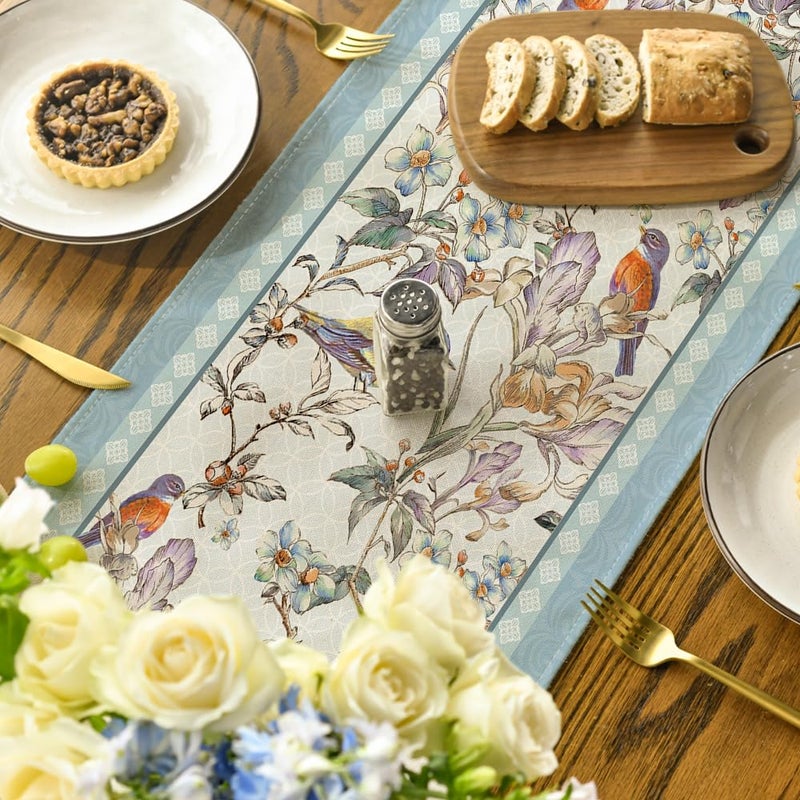Artoid Mode Blue Birds Flowers Blossom Table Runner, Seasonal Spring Floral Kitchen Dining Table Decoration for Home Party Decor 13x72 Inch - Image 4