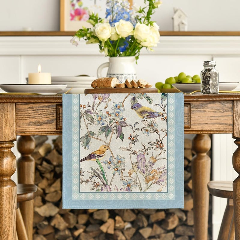 Artoid Mode Blue Birds Flowers Blossom Table Runner, Seasonal Spring Floral Kitchen Dining Table Decoration for Home Party Decor 13x72 Inch - Image 2
