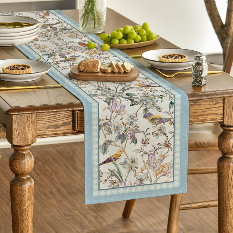 Artoid Mode Blue Birds Flowers Blossom Table Runner, Seasonal Spring Floral Kitchen Dining Table Decoration for Home Party Decor 13x72 Inch - Image 3