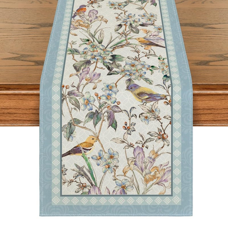 Artoid Mode Blue Birds Flowers Blossom Table Runner, Seasonal Spring Floral Kitchen Dining Table Decoration for Home Party Decor 13x72 Inch - Image 1