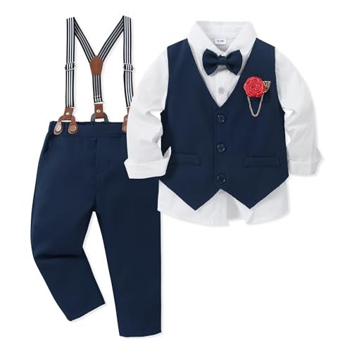 WESIDOM Toddler Boy Clothes Suit,Formal Dress Shirt+Bowtie+Vest+Boutonniere+Pants Boys Gentleman Wedding Outfits Set(Blue+18-24Months) - Image 1