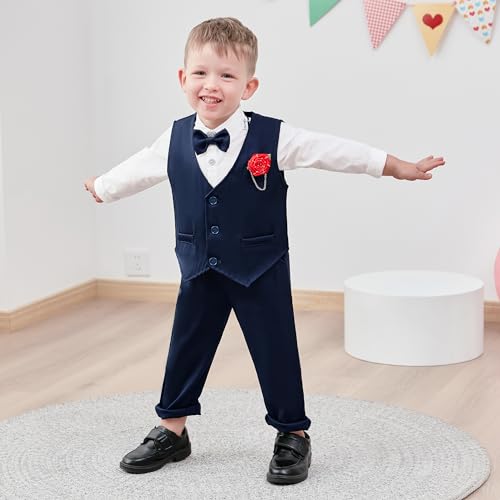 WESIDOM Toddler Boy Clothes Suit,Formal Dress Shirt+Bowtie+Vest+Boutonniere+Pants Boys Gentleman Wedding Outfits Set(Blue+18-24Months) - Image 2