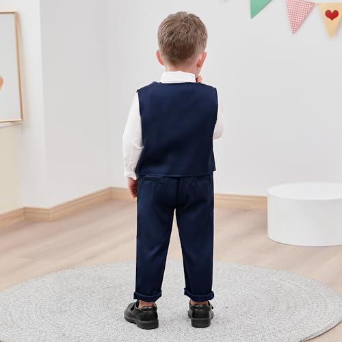 WESIDOM Toddler Boy Clothes Suit,Formal Dress Shirt+Bowtie+Vest+Boutonniere+Pants Boys Gentleman Wedding Outfits Set(Blue+18-24Months) - Image 4