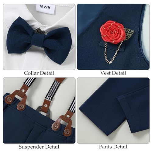 WESIDOM Toddler Boy Clothes Suit,Formal Dress Shirt+Bowtie+Vest+Boutonniere+Pants Boys Gentleman Wedding Outfits Set(Blue+18-24Months) - Image 5