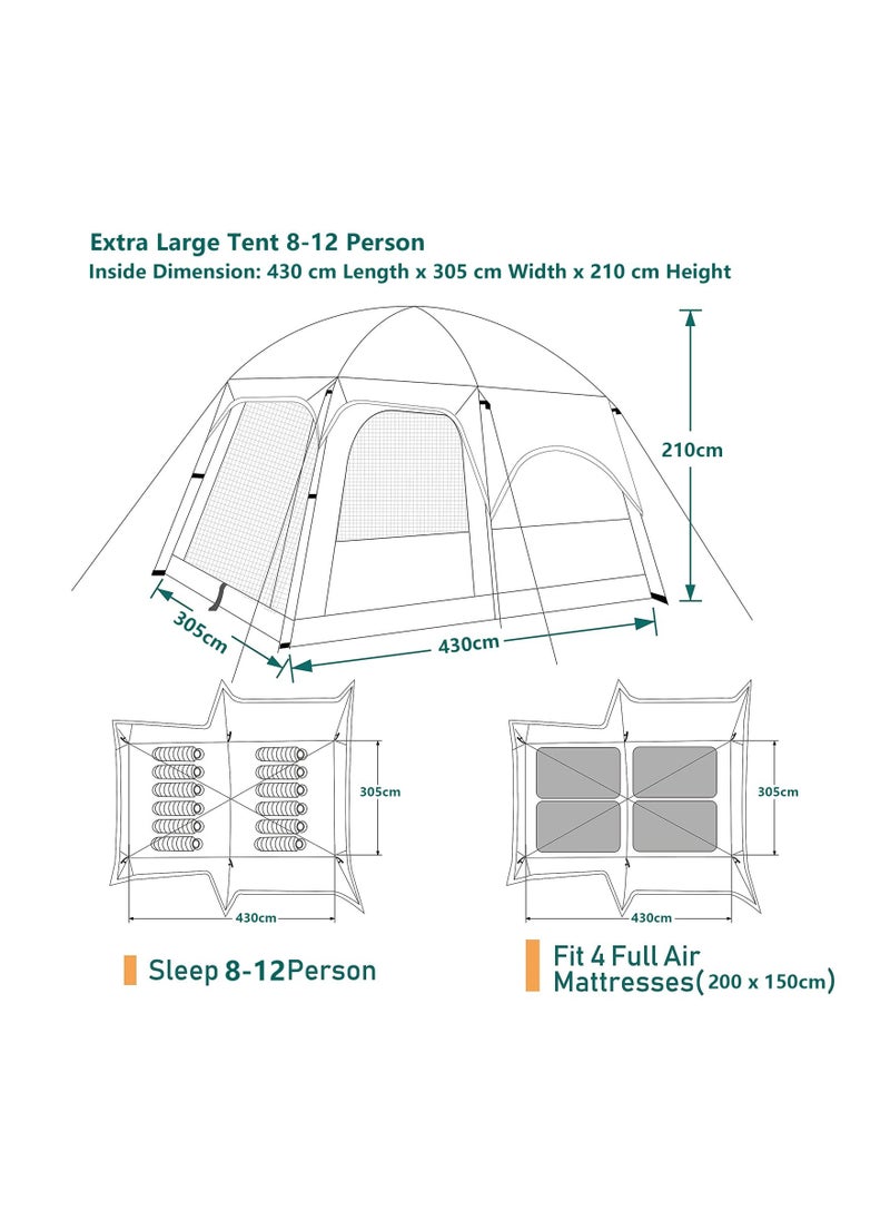Arabest Camping Tent, Extra Large Tent 8-12 Person Family Cabin Tent, Double Layer Waterproof, 3 Doors and 3 Windows with Mesh, Big Tent for Camping, Outdoor, Picnic, Family, Friends Gathering  - Image 4