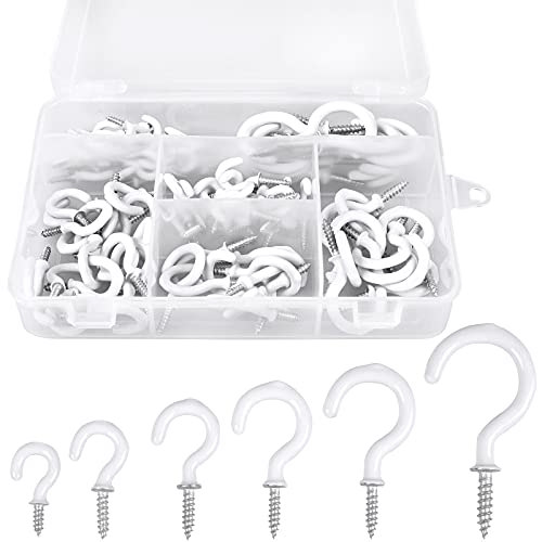 Romeda 90 Pcs White Ceiling Hooks kit, 6 Sizes Vinyl Coated Screw-in Plant, Kitchen, Cup, Ceiling Hooks for Hanging (1/2in, 5/8in,3/4in,7/8in,1'',1-1/4in) - Image 1