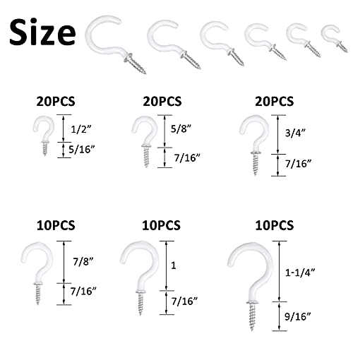 Romeda 90 Pcs White Ceiling Hooks kit, 6 Sizes Vinyl Coated Screw-in Plant, Kitchen, Cup, Ceiling Hooks for Hanging (1/2in, 5/8in,3/4in,7/8in,1'',1-1/4in) - Image 2