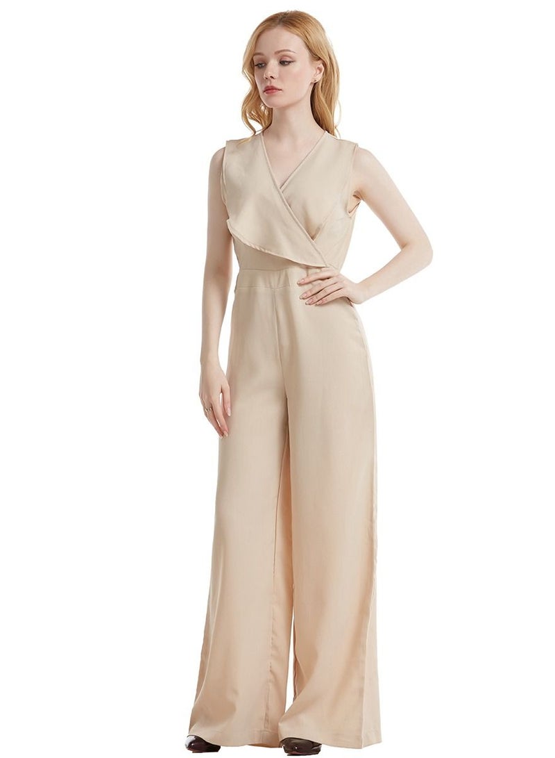Loquat Lady's Solid Color V-Neck Jumpsuit One-Piece Sleeveless Top And Pants Khaki  - Image 1