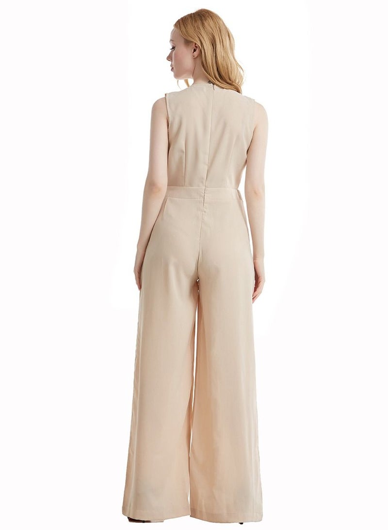 Loquat Lady's Solid Color V-Neck Jumpsuit One-Piece Sleeveless Top And Pants Khaki  - Image 3