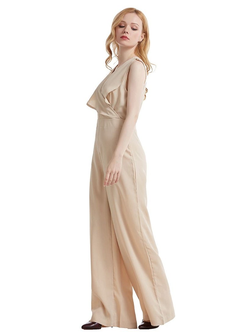 Loquat Lady's Solid Color V-Neck Jumpsuit One-Piece Sleeveless Top And Pants Khaki  - Image 2