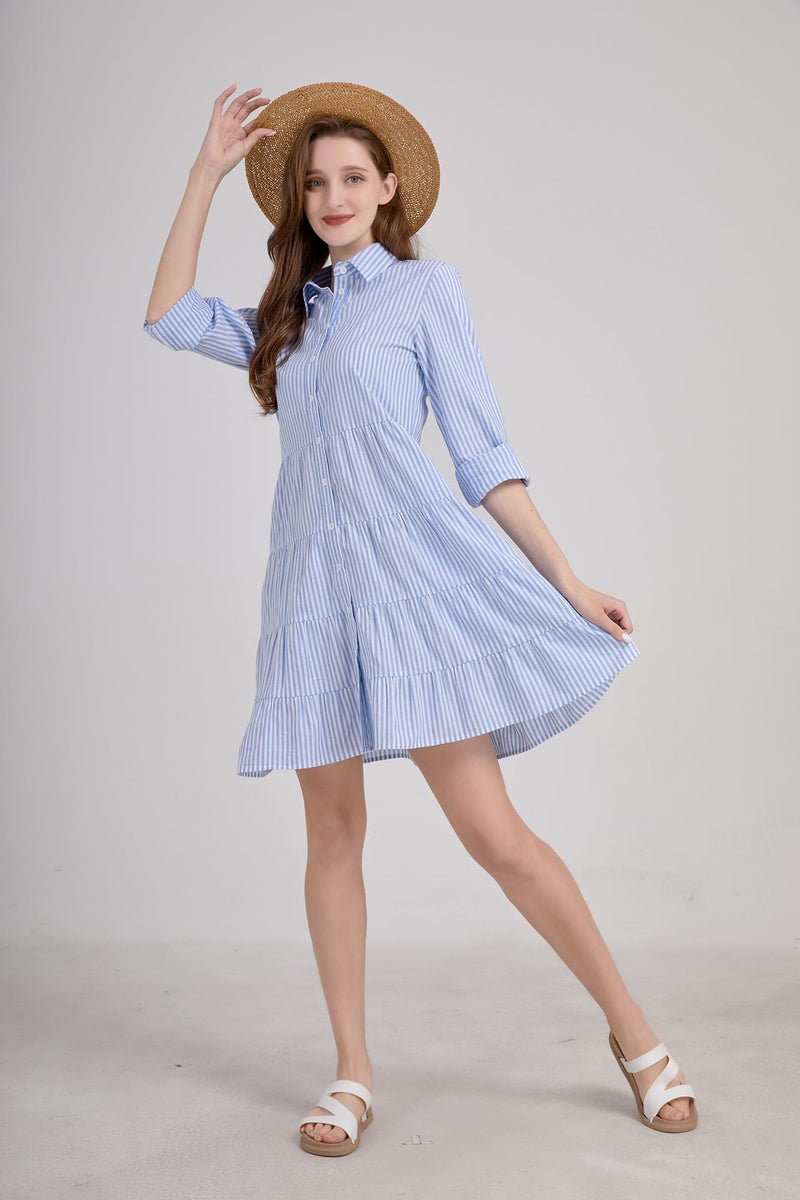 utcoco Womens Striped Button Down Midi Shirt Dress Casual Loose Cuffed Long Sleeve Mid Long Dresses (Medium, Blue) - Image 2