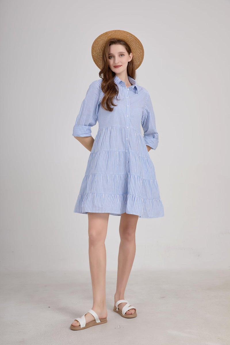 utcoco Womens Striped Button Down Midi Shirt Dress Casual Loose Cuffed Long Sleeve Mid Long Dresses (Medium, Blue) - Image 5