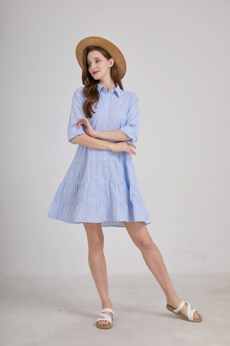 utcoco Womens Striped Button Down Midi Shirt Dress Casual Loose Cuffed Long Sleeve Mid Long Dresses (Medium, Blue) - Image 3