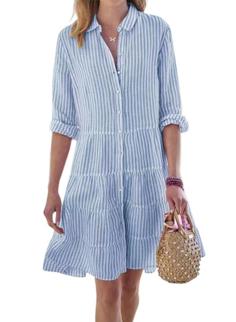 utcoco Womens Striped Button Down Midi Shirt Dress Casual Loose Cuffed Long Sleeve Mid Long Dresses (Medium, Blue) - Image 1