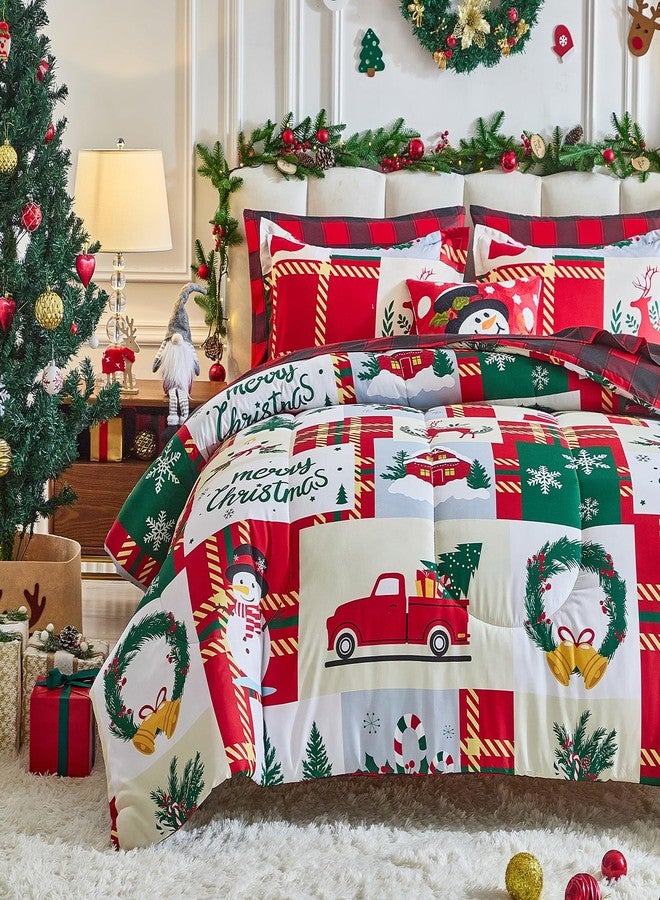 Flysheep Christmas Comforter Set 3 Pieces Queen Size 88x88 inches, Snowman Snowflake Deer Patchwork Plaid Reversible Design, Soft Microfiber Lightweight Bedding Sets for All Season - Image 1