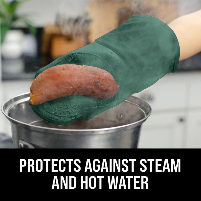 HOMWE BPA-Free Silicone Oven Mitts Ultra Heat Resistant up to 500Â°F - Oven Mitts with Thick Cotton Liner - Long Slip Resistant Pot Holders, Flexible Oven Gloves - Green 13.7 - Image 4