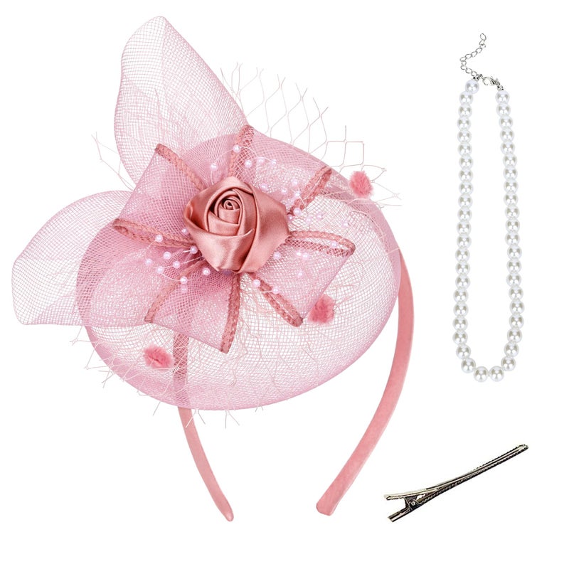 Zinniday Cute Mini Fascinator Hats - Pink Mini Elegant Veil Mesh Hat with Pearl Necklace Set for Women Girls, Little High Tea Party Kentucky Fascinator with Clip for 1920s 50s Accessories - Image 4
