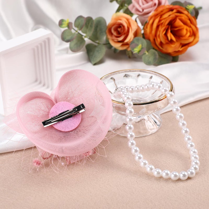 Zinniday Cute Mini Fascinator Hats - Pink Mini Elegant Veil Mesh Hat with Pearl Necklace Set for Women Girls, Little High Tea Party Kentucky Fascinator with Clip for 1920s 50s Accessories - Image 5