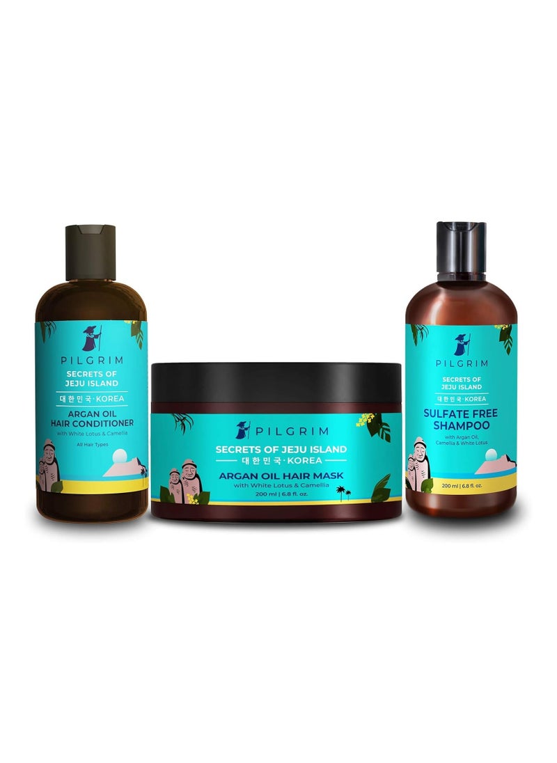 PILGRIM Pilgrim Jeju Hair Care Trio Set | Volcanic Lava Ash Sulfate Free Shampoo, Argan Oil Hair Mask,Argan Oil Hair Conditioner 200ml | All Skin | Men and Women | Korean Beauty Secrets  - Image 1