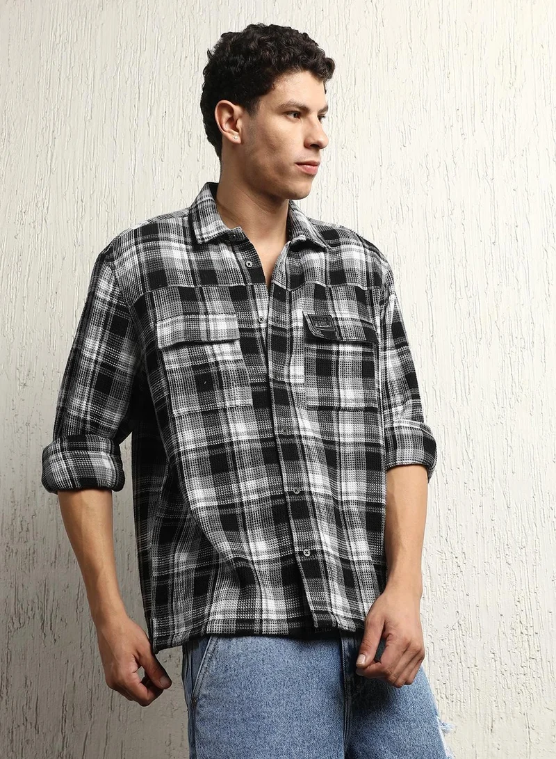 Hubberholme Multicolor Check Shirt for Men, Oversized Double Pocket
