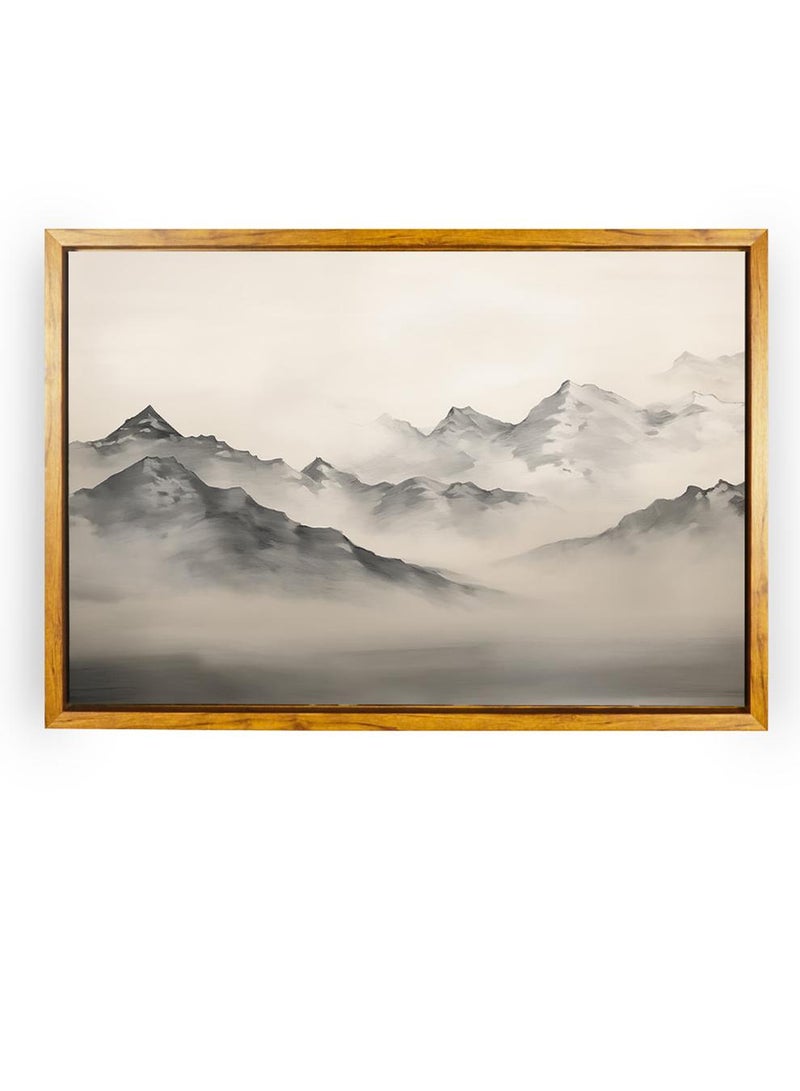 LOWHA Canvas Wall Art Stretched Over Wooden Frame with Wooden Color Floating Frame and Vintage Style Misty Mountains Painting  - Image 5