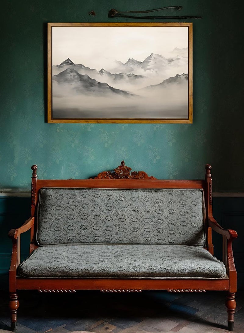 LOWHA Canvas Wall Art Stretched Over Wooden Frame with Wooden Color Floating Frame and Vintage Style Misty Mountains Painting  - Image 3