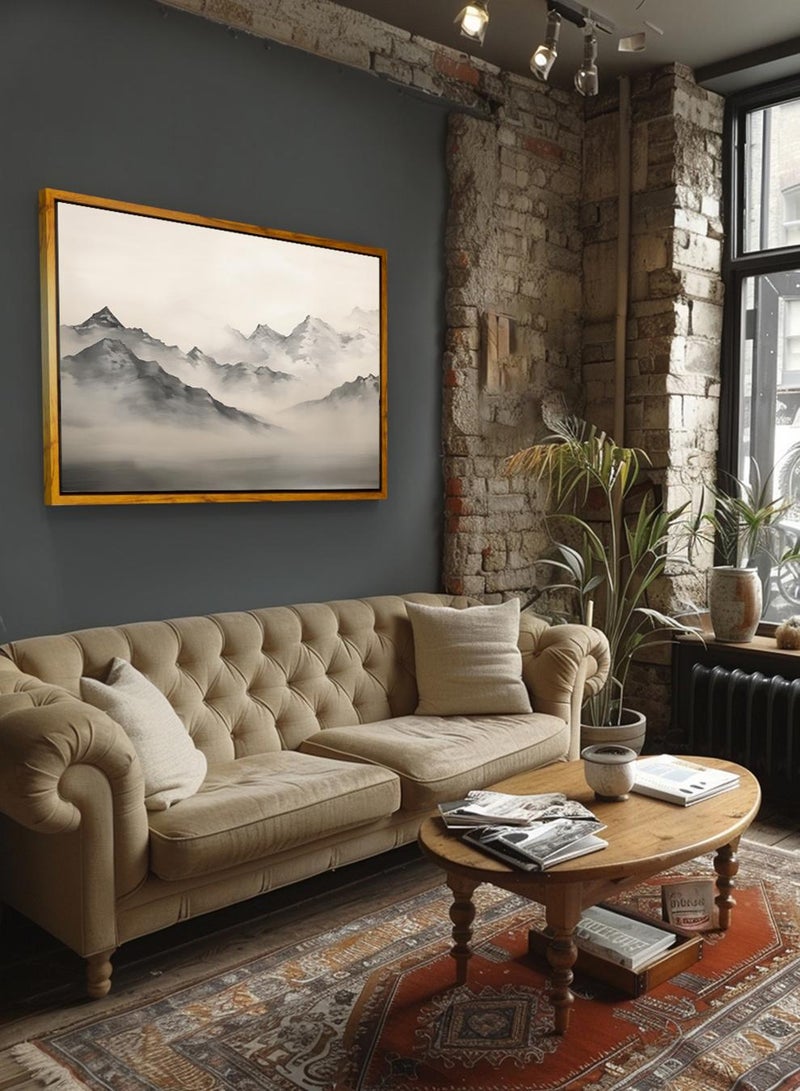 LOWHA Canvas Wall Art Stretched Over Wooden Frame with Wooden Color Floating Frame and Vintage Style Misty Mountains Painting  - Image 2