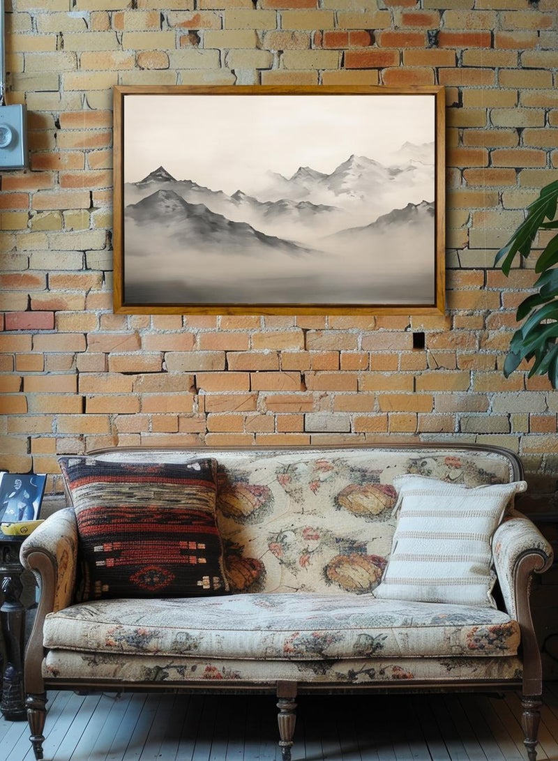 LOWHA Canvas Wall Art Stretched Over Wooden Frame with Wooden Color Floating Frame and Vintage Style Misty Mountains Painting  - Image 4