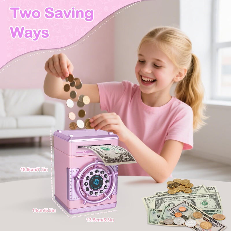Refasy Piggy Banks for Girls, Electronic Money Bank Password Money Safe Cash Coin Piggy Bank, Fingerprint Simulation Bank Toys for 3 4 5 6 7 8 9 10 12 Year Old Girls Kids Birthday Xmas Gifts (Pink) - Image 2
